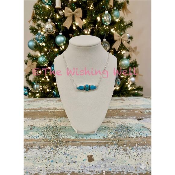 Persian Turquoise Three Stone Oval Pear shape Necklace 16-18” - Picture 2 of 5